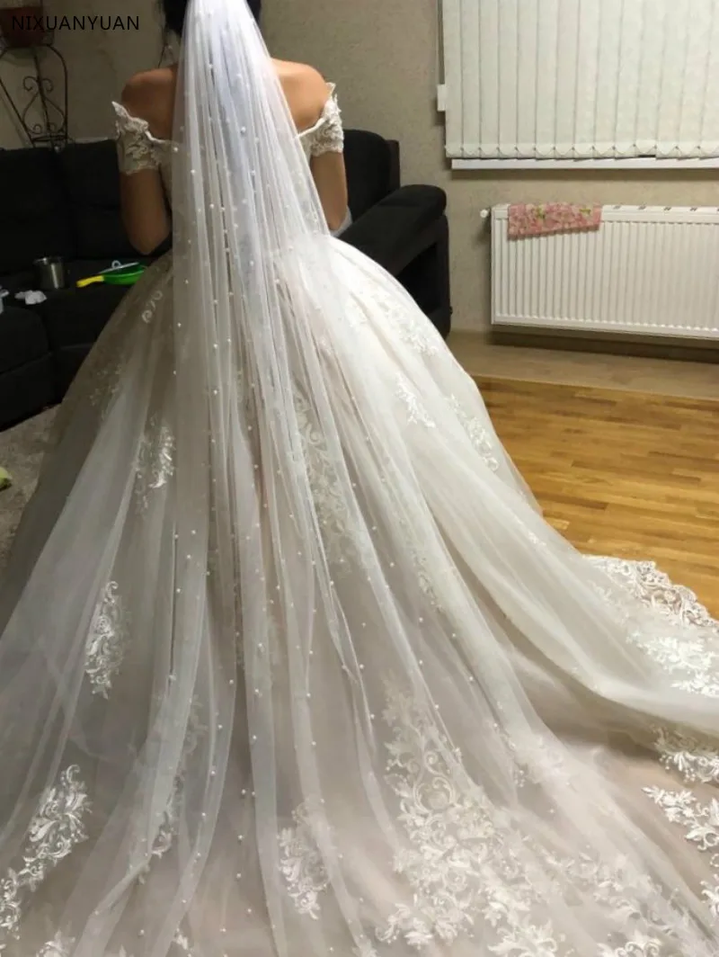 Beautiful Long Pearl Veil One Layer 3M Bridal Veil Cathedral 3 Meters Ivory Wedding Veil with PearlsMYYBL 2020 Bride Accessories