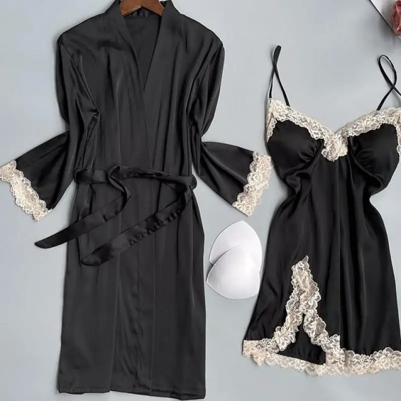 Bridal Wedding Robe Set Women Satin Full Slip Lace Kimono Bath Gown Bridesmaid Wedding Bathrobe&Nightgown Set Loungewear