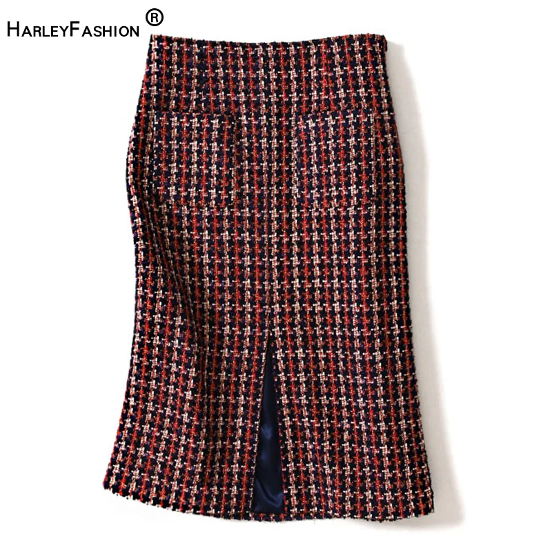 HarleyFashion весенние женские Ретро твидовые прямые юбки шикарный дизайн высокая талия клетчатые винтажные женские юбки с разрезом