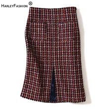 HarleyFashion весенние женские Ретро твидовые прямые юбки шикарный дизайн высокая талия клетчатые винтажные женские юбки с разрезом