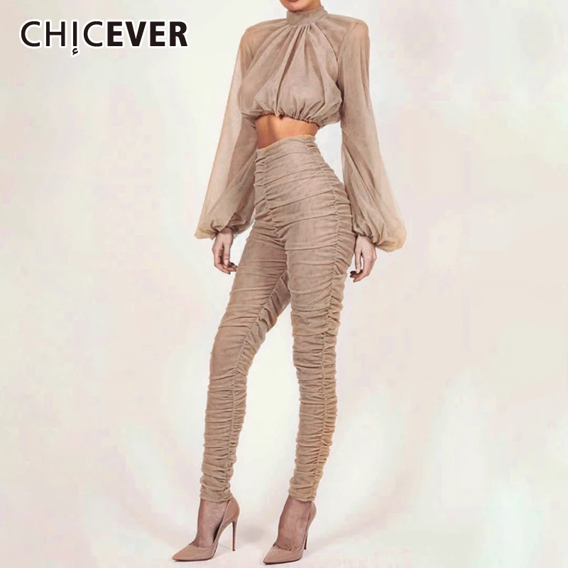 

CHICEVER Women's Suit Puff Sleeve Turtleneck Top High Waist Full Length Slim Pencil Pant Female Two Piece Set Fashion New Casual