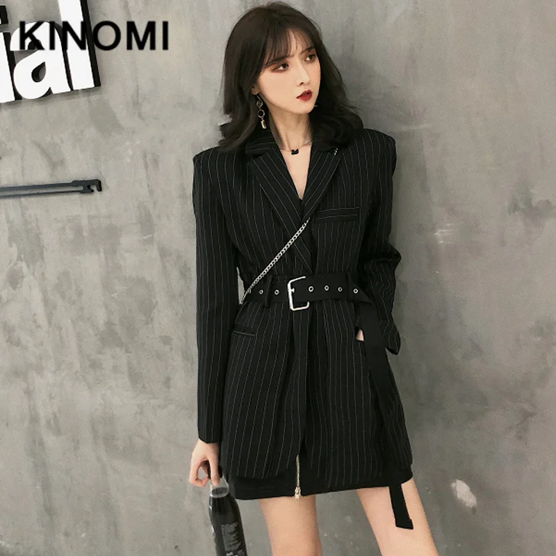 

KINOMI Fashion Striped Sashes Female Blazer Notched Full Sleeve Black Women Jacket Autumn Winter Loose Suit Street Wear 2019