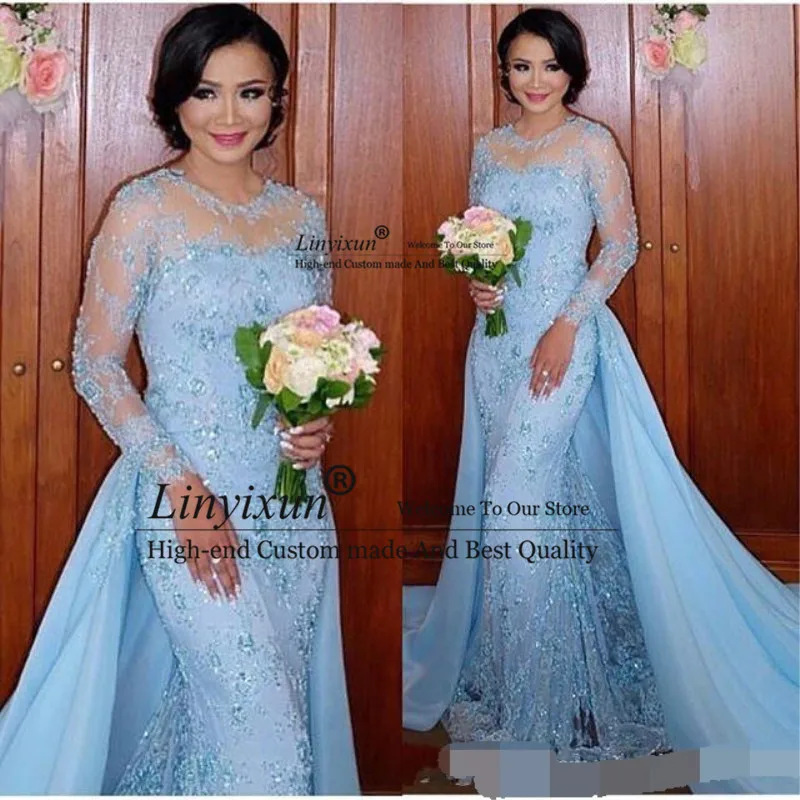 2020 Licht Blauwe Lange Mouwen Mermaid Avondjurken Applicaties Lace Formele Avondjurken Met Afneembare Rok Vestidos Arabisch