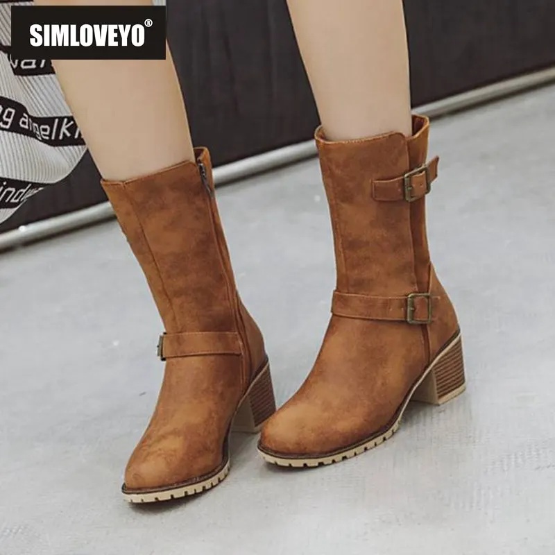

SIMLOVEYO Ankle boots for women Round toe Block heel Buckle strap Zipper retro Vintage Cowboy Booties mujer Size 43 B1576