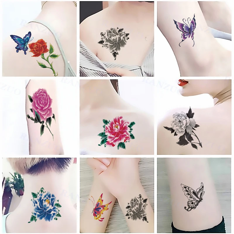 

Trendy Temporary Tattoo Sticker Red Rose Purple Rose Butterfly Tattoo Hip Arm Back Waist Leg Neck Body Art Tattoo Sticker