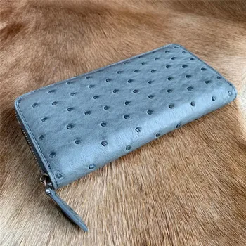 

Authentic Real Ostrich Skin Men's Long Gray Wallet Genuine Leather Zipper Closure Male Large Card Holders Man Phone Clutch Purse