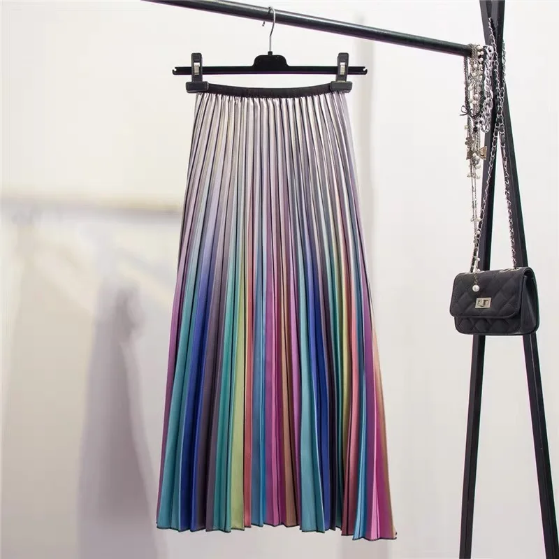 Новинка, радужная полосатая Женская длинная юбка, плиссированные летние блестящие юбки 2019, высокая талия, голограмма Vestidos Saia Umbrella