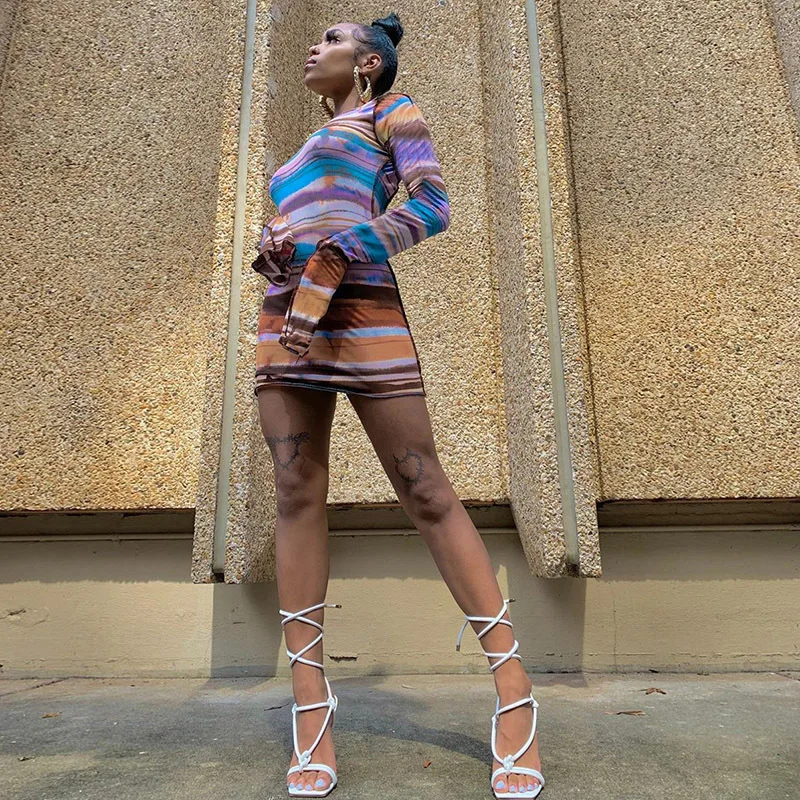 2020 stripe print backless bandage sexy mini dress autumn winter women fashion streetwear outfit club wear