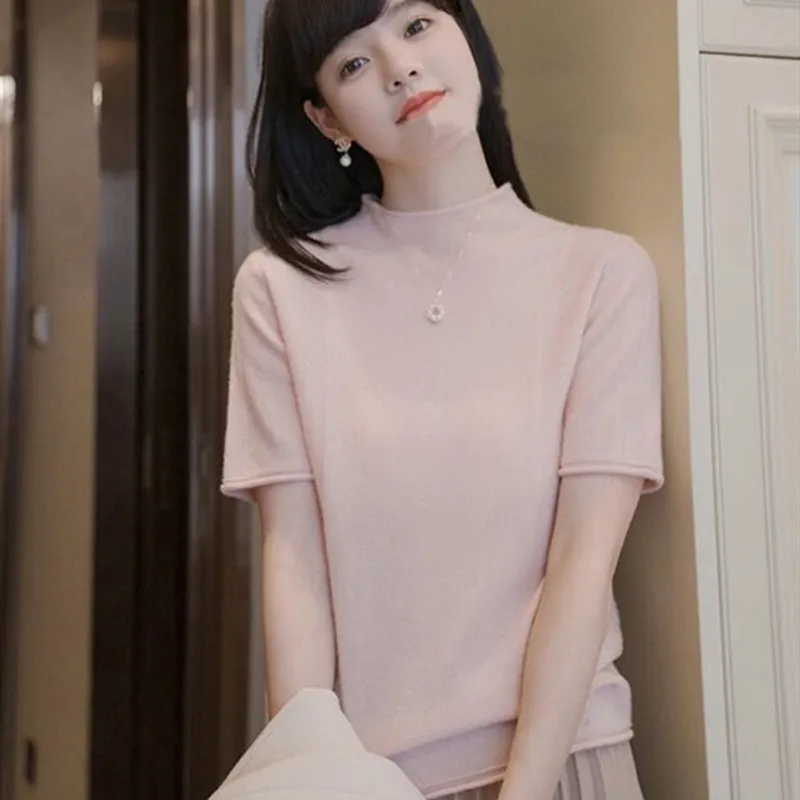 Хлопковая женская однотонная Повседневная футболка с коротким рукавом и круглым