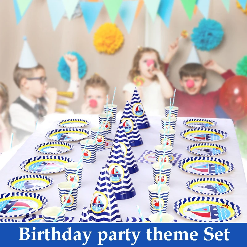 94pcs/set Ocean Theme Party Disposable Tableware Kids Birthday Sailboat Paper Plates Cups Carnival Wedding Decor Supplies | Дом и сад