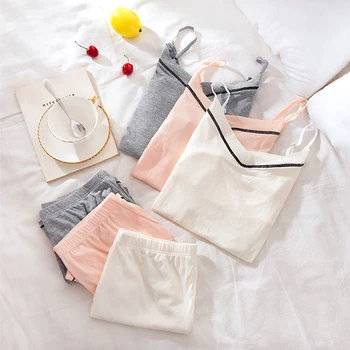 

Women's Sleeveless Slim Pijama Summer Pyjamas Set Sexy Lingerie Lady Fashion Sleepwear Striped Cotton Pajama Nightie Loungewear