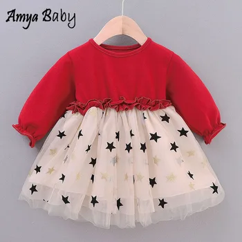 

Amya Baby Infant Fall Dress Star Print Princess Costumes Birthday Tutu Dress Christmas Kids Clothing Long Sleeve Girls Dresses