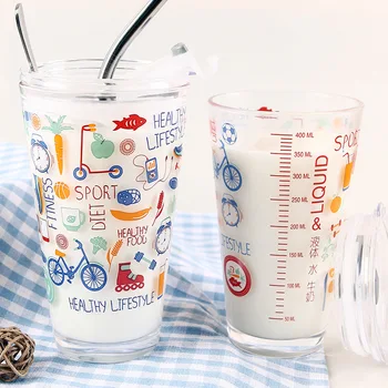 

INS Cute Hand-painted Water Glass Thickened Heat Resistant Large Capacity Breakfast Cups with Graduated Lid Sealed Juice Glasses