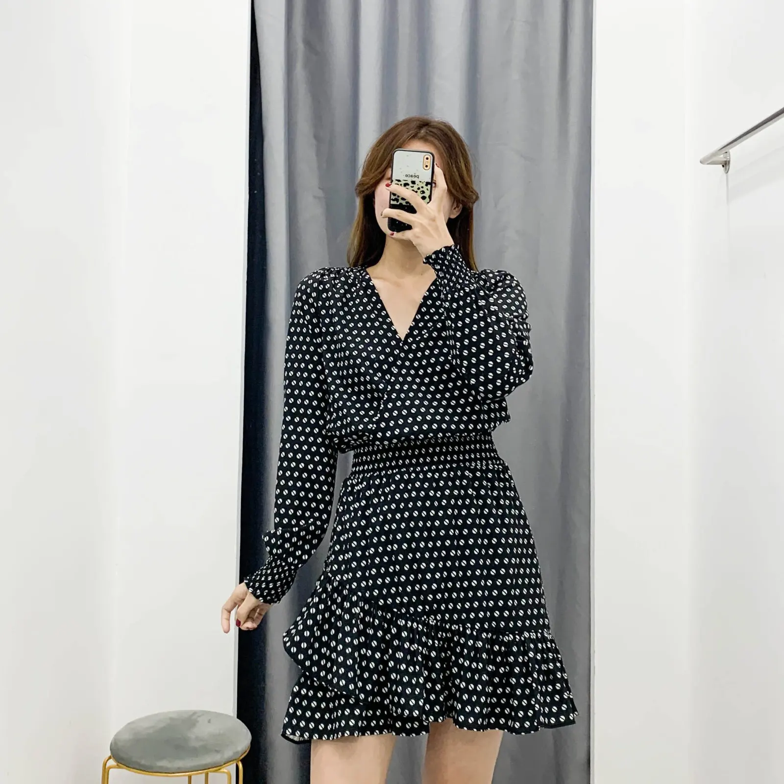 

Europe And America Tide Goods 2020 Spring WOMEN'S Dress New Style Long Sleeve Polka Dot Floral Printed Dress Elastic Waist Floun