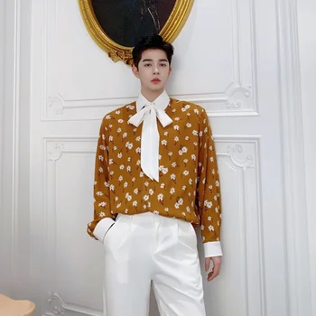 

2020 Spring And Autumn New Original Flower Color Bow Tie Loose Retro Long Sleeve Shirt Fashion Casual Top Jacket Orange M-XL
