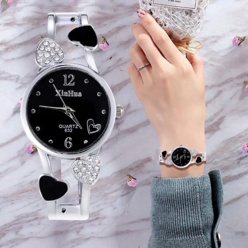 

2019 Xinhua Fashion Watches Women Stainless Steel Bracelet Bangle Flower Lover Heart Shape Wristwatches Female Clock Relogi