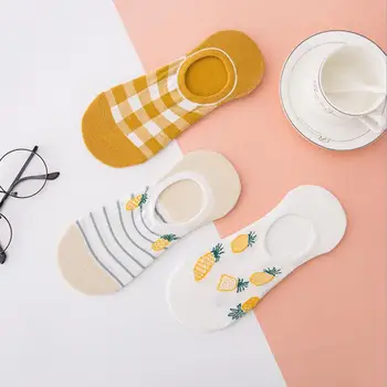 

Women Fashion Invisible Non-slip Cotton Socks Striped Checked Pineapple Print Ankle Boat Socks Girls Candy Socks 3/6 pairs /lot