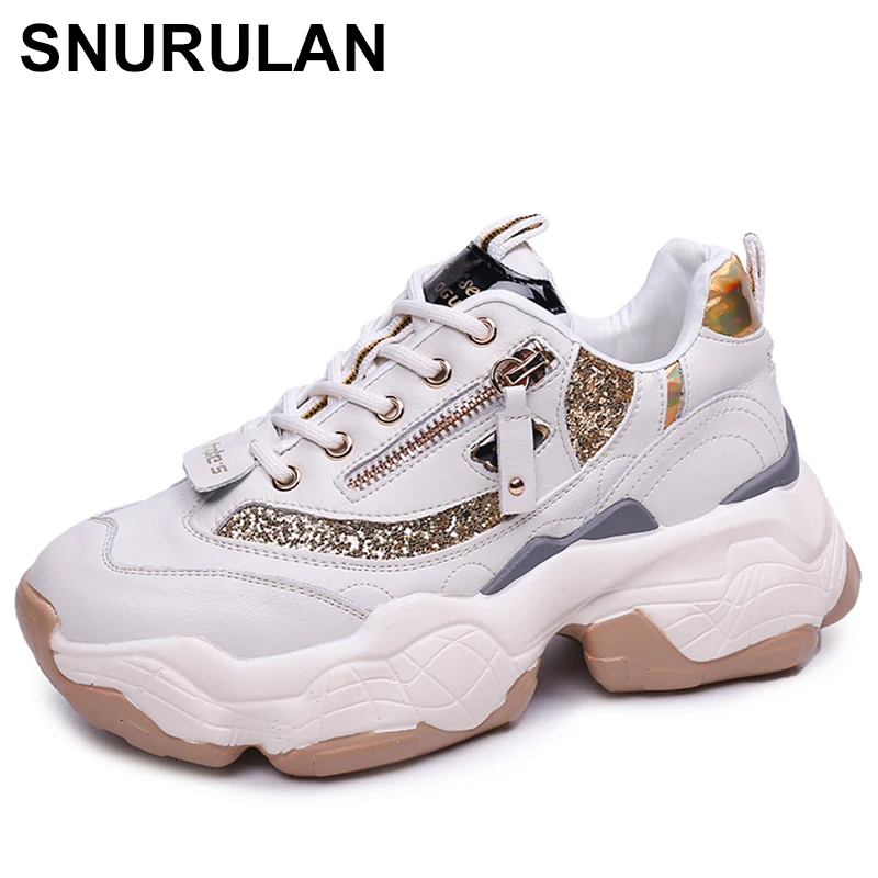 

SNURULAN Women's sneakers-columns; Vulcanized shoes with zippers; golden shiny platform sneakers; 2019 collection Spring casual