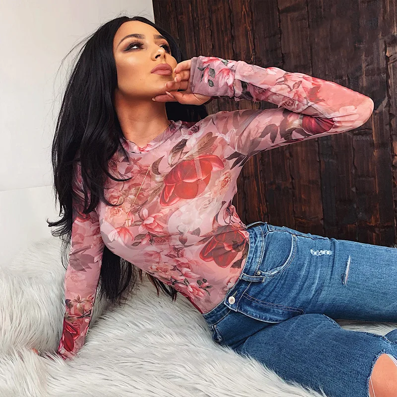 Sexy Women Long Sleeve Bandage Bodysuit Floral Tops Blouse Jumpsuit Rompers Autumn Clothes