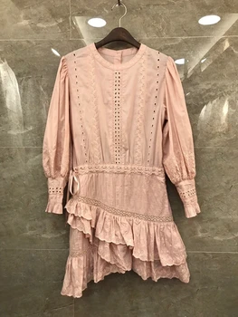 

2020 Spring and Summer New Women's round Neck Embroidered Irregular Lotus Leaf Stitching Long Sleeve Double Purpose Dress 703