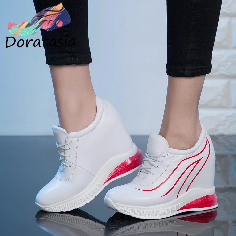 

DORATASIA Spring New Girl Fashion Print Height Increasing Sneakers lace-up Genuine Leather Pumps Women Platform Shoes Woman