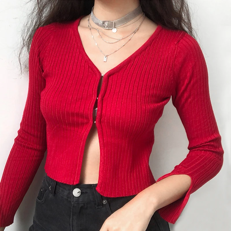 

2019Women V Neck Knitting Ribbed Cardigan With Covered Button Knit Top Sweater Vintage Knit Cardigan with fringing
