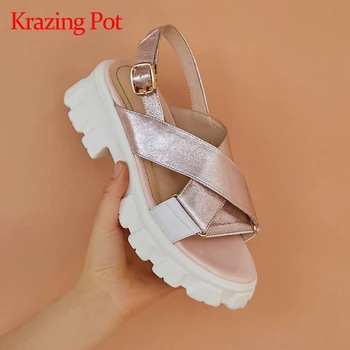 

Krazing pot leisure genuine leather beauty lady daily wear dress peep toe high heel summer shoes buckle straps sandals women L12