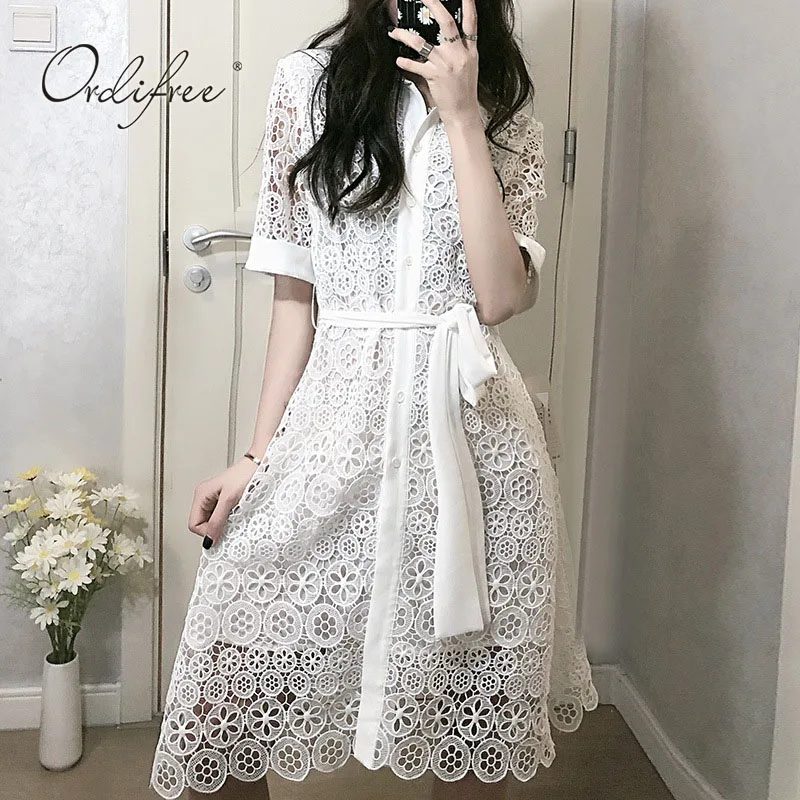 

Ordifree 2022 Women Summer White Lace Dress See Through Hollow Out Belted Sexy Party Dress
