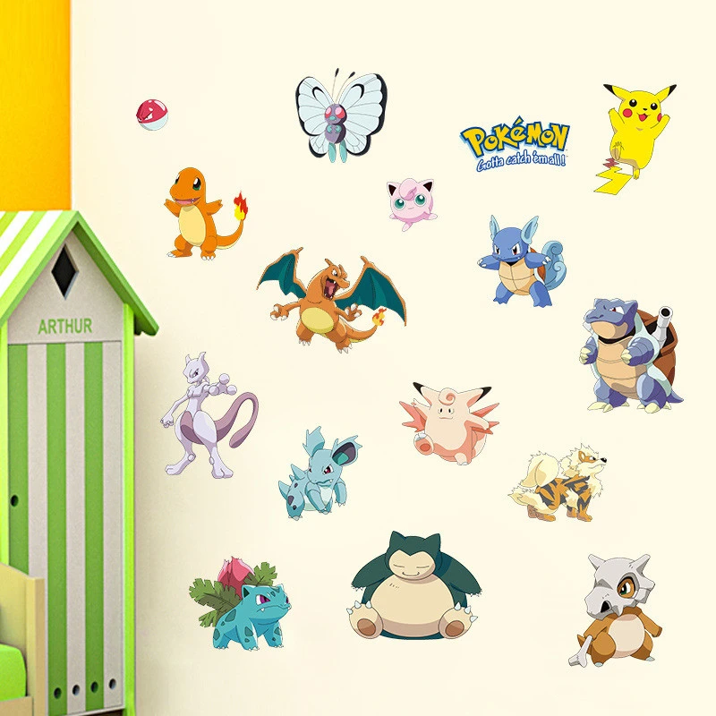 Pokemon Cartoon Animals Wall Stickers For Kindergarten Kids Room Bedroom Accessories Home Decor DIY 3Dview Wall Mural  Decals