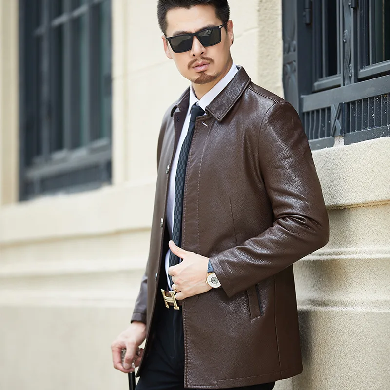 

2020 Autumn And Winter New Style Men Mid-length Leather Coat Business Coat Fashion Casual Fold-down Collar Leather Jacket Men's