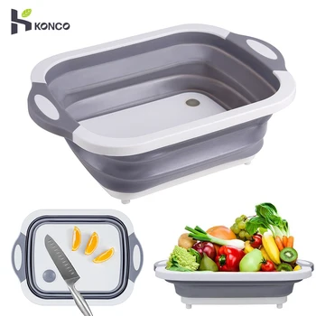 

Konco 3 In1 Vegetable Basket Kitchen Drainer Cutting Board Folding Fruits and Vegetable Washing Foldable drain basket
