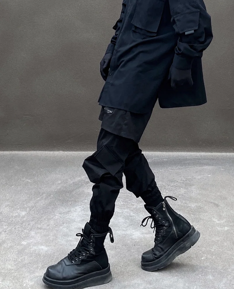 jersey harem pants Dark functional wind paratroopers pants false two-piece breeches high street multi-pocket chain overalls men's tactical pants yoga harem pants