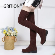 GRITION/женские Сапоги выше колена; Вязаная Шерстяная зимняя обувь с высоким голенищем; женские теплые модные сапоги до бедра на танкетке;