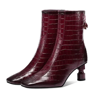 

New Winter 2021 Women Genuine Leather Sexy High Heels Pumps Square Toe Women's Ankle Boots Sexy Night Club Working Shoes Woman