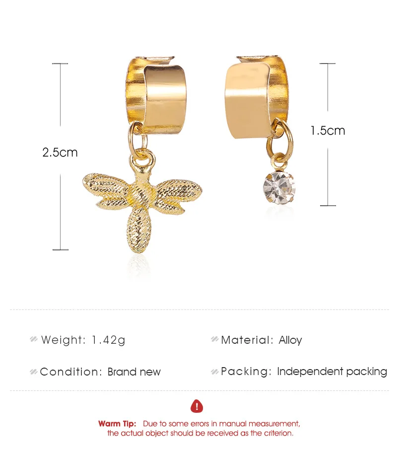 Модные Простые u-образные ушные манжеты, не серьга-имитация серьги с милым пчелиным кристаллом, подвеска золотого цвета, маленькие прелестные серьги