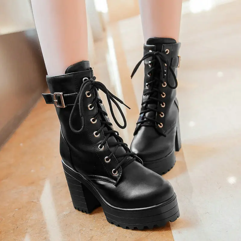 

2021 Fashion Women Martin Boots comfy Platform Square High Heels Lace-up Zipper Belt Buckle Lady Shoes Autumn Winter Ankle Boots