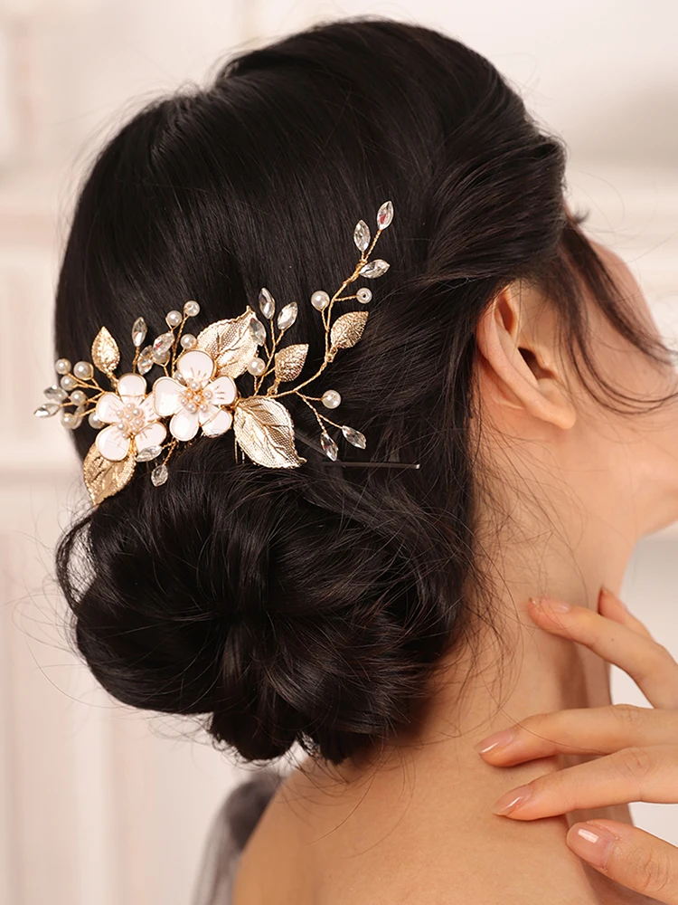Vintage Gold Flower Leaves Bridal Hair Comb Chic Noble Women Ornaments Bride Headwear Wedding Hair Accessories
