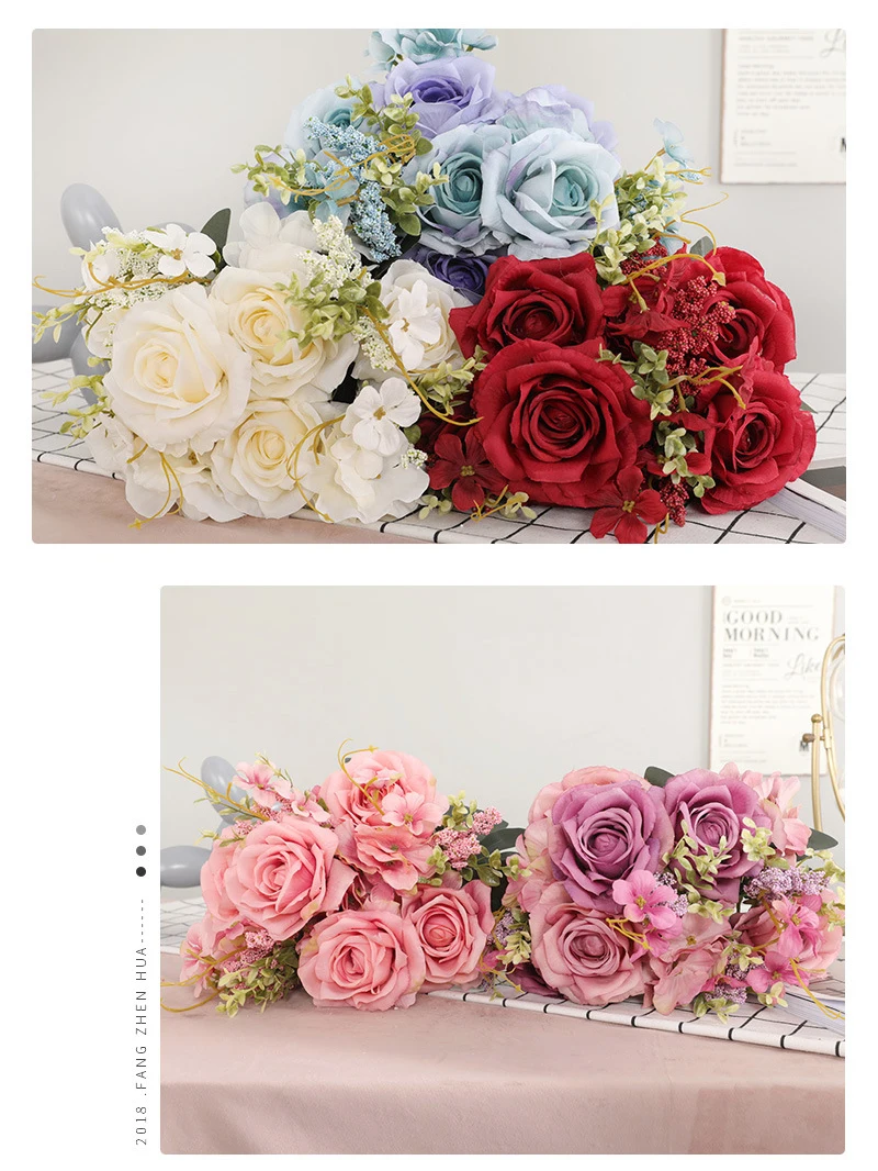 JAROWN 50cm Rose Hydrangea Silk Bouquet Artificial Flowers 13 Heads Bride Wedding DIY Flower Arrangement Home Decoration Fake Flowers Faux (30)