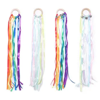 

Rainbow Natural Wooden Ribbon Ring Newborn Sensory Bell Toy Shower Gifts Dancing Props for Toddler