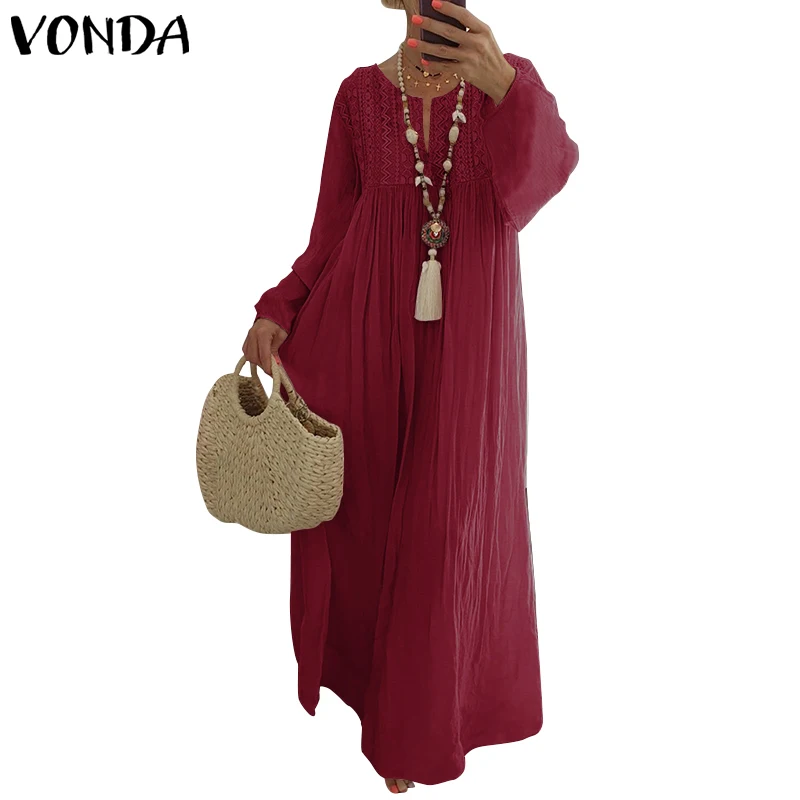 VONDA Plus Size Dress Women Sundress Casual Loose Vintage Long Sleeve Party Long Dress Bohemian Vestidos Female Cotton Robe - Цвет: Wine Red