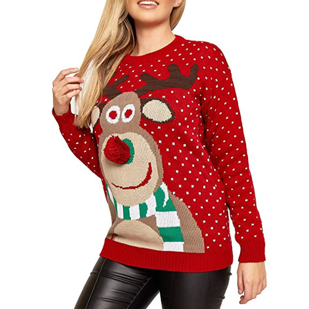 Уродливый Рождественский женский свитер с рождественским оленем, теплый вязаный свитер с длинным рукавом, джемпер, топ, блузка, мультяшное зимнее пальто для женщин красного цвета