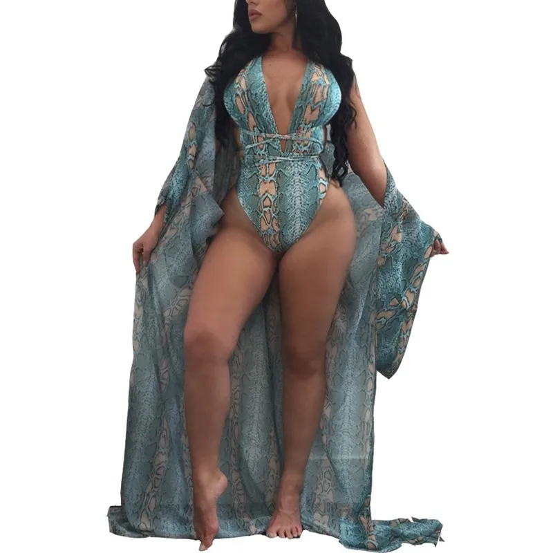 2020 New Bikini One Piece Sexy Swimsuit for Women Swimwear Print One-piece Swimming Suit + Long Beach Cover-up Set Plus Size