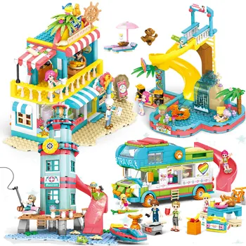 

New Lake City Summer Pool Villa Restaurant Building Blocks Friends Amusement park House Girl Figure Educational Toy For children