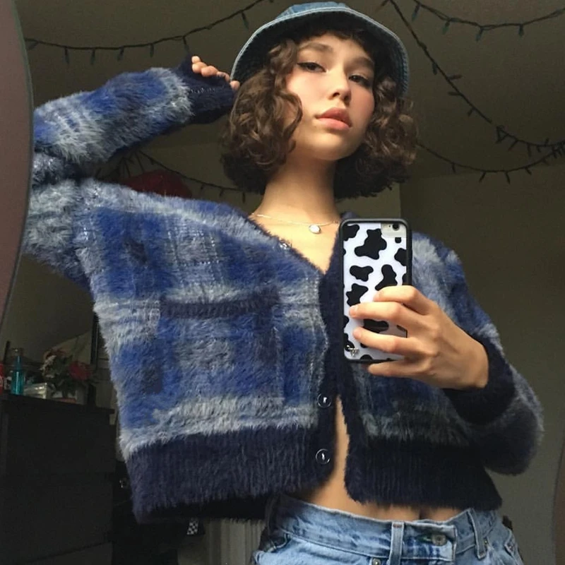 Green Plaid Cardigan Fuzzy Knit Front 