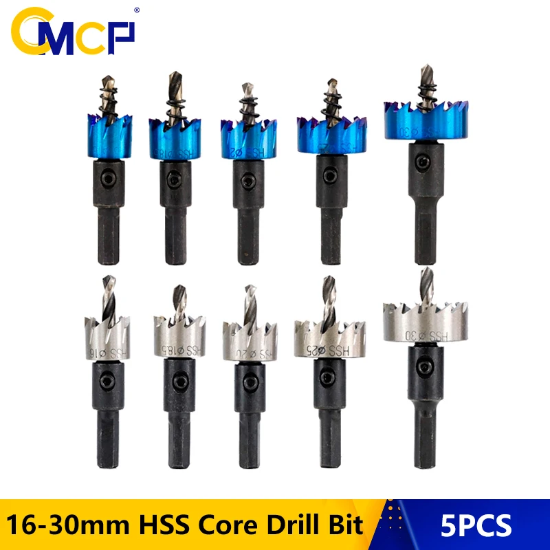 CMCP 5pcs 16/18.5/20/25/30mm  Carbide Tip Drill Bit Hole Saw Nano Blue Coated HSS Core Drill Bit For Wood/Metal Working Hole Cut