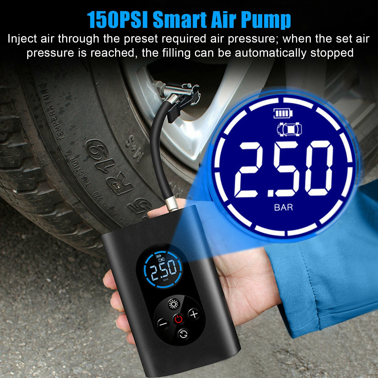 12V 150PSI Rechargeable Air Pump Tire Inflator Cordless Portable Compressor Digital Car Tyre for Bicycle Tires Balls | Автомобили и