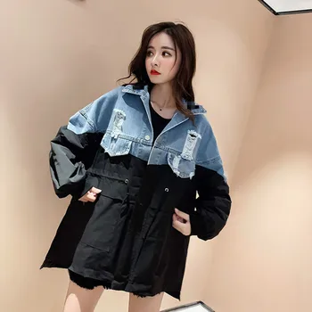 

[EWQ] 2020 Spring Summer New Pattern Lapel Long Sleeve Denim Patchwork Hit Colors Casual Windbreaker Women Large Size 3AJ53306XL