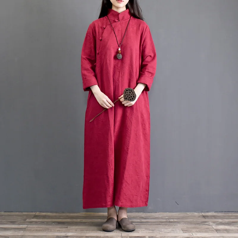 

Original National Wind Cotton Long Sleeve Dress Retro Plate Buttons Stand Collar Jacquard Zen Tea Service Gown Long Section