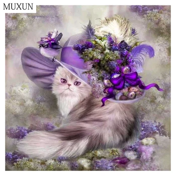 

MUXUN DIY 5D Diamond Embroidery Cross Stitch Animal Purple Cat Round Full Diamond Mosaic Picture Pasted Needlework Decor CJ128