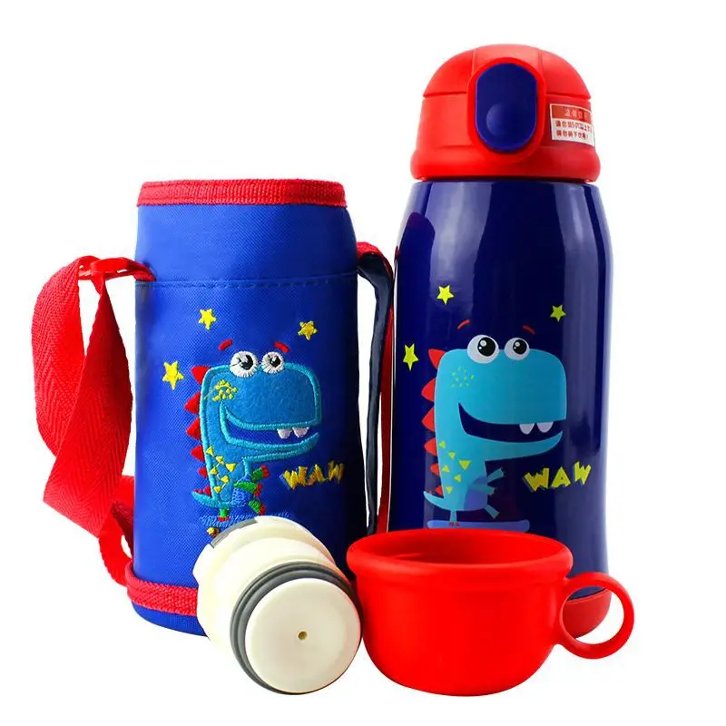 Горячая Распродажа 600 мл 18/8 для поездок из нержавеющей стали термос чашка детская Портативный сумка на веревке двойной Кепки термос Детские соломы бутылка для воды - Цвет: A-dark blue